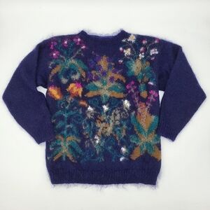 Vintage Mohair Wool Floral Knit Sweater Long Sleeve Crew Neck Navy Blue Boho S